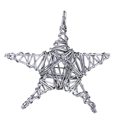 Handmade star made of sticks and painted silver. Might go on top of a christmas tree.