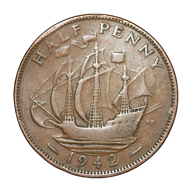 Photo of Halfpenny English coin bent King George VI 1942 (reverse)