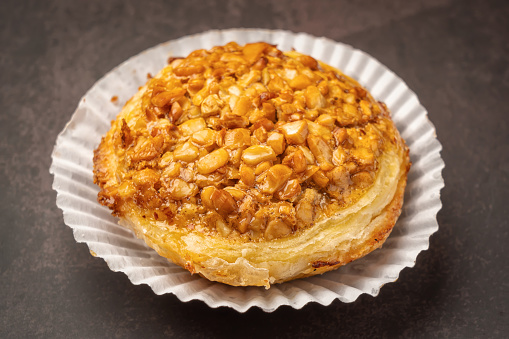 Traditional Portuguese almond tart with caramel. High quality photo