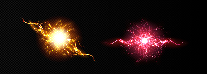 Electric lightning balls, energy burst effect with light bolt. Abstract power explosion with flashes and sparkles isolated on transparent background, vector realistic set