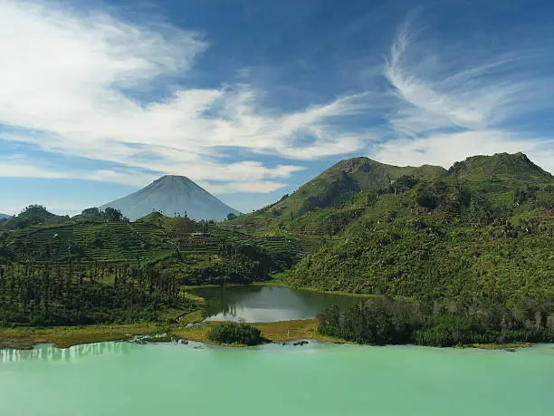The colored lake aa Telaga Warna aa on the Dieng Plateau in central Java with the volcano Gunung Sumbing in the backgroundplease also have a look at my portfolio: