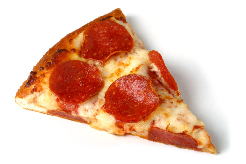 A slice of pepperoni pizza isolated on a white background