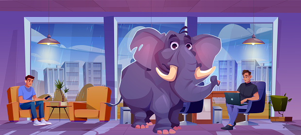 Two sad men sitting in office, elefant in middle of room on rainy day. Vector cartoon illustration of upset male friends in conflict using gadgets, concept of ignoring problem, relationship crisis