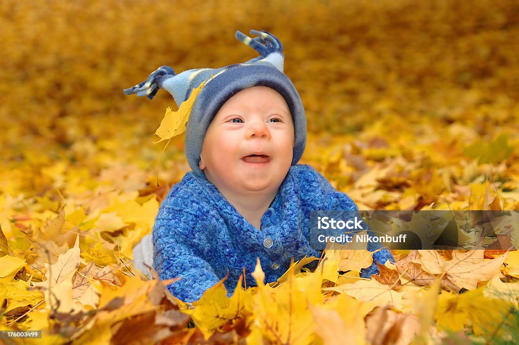 Bambino ragazzo giocando con foglie caduto - Foto stock royalty-free di Bebé