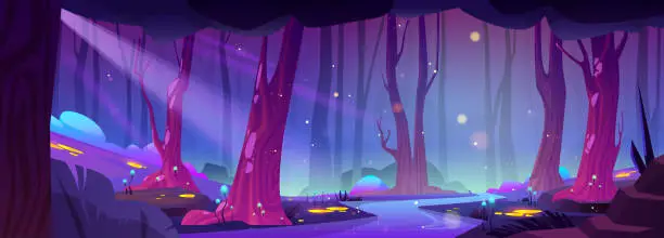 Vector illustration of Fairytale night forest with river and fireflies