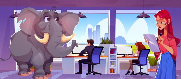 Business people working on computers, elefant in middle of company office. Vector cartoon illustration of employees busy with project, concept of ignoring problem, not noticing unpleasant situation