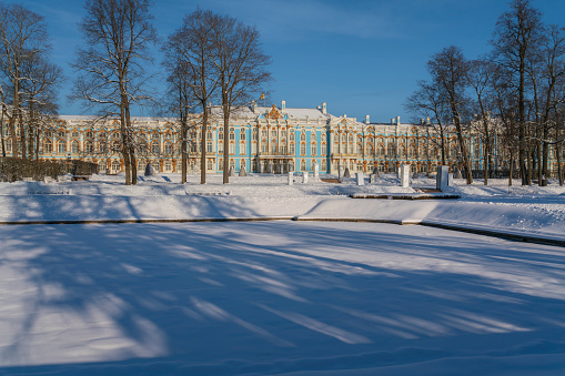 View of the Catherine Palace in the Catherine Park of Tsarskoye Selo on a sunny winter day, Pushkin, St. Petersburg, Russia