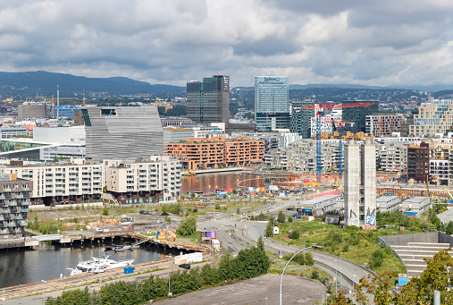 Oslo, Norway - August 12, 2023: A picture of the downtown or Old Oslo district, also named as Gamle Oslo.