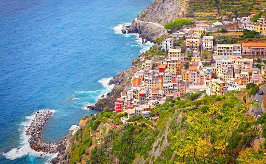 Aerial view of picturesque Riomaggiore town at Cinque Terre coast