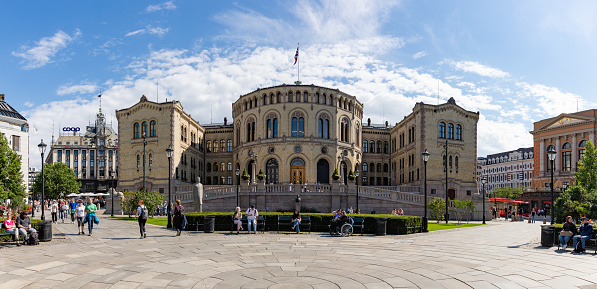 Oslo, Norway - August 12, 2023: A picture of the Norwegian Parliament.