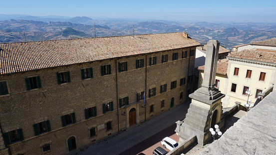 Turin, Italy - July 15, 2013: View from castle square of Palazzo Madama e Casaforte degli Acaja is a palace in Turin, northern Italy. It was the first Senate of the Italian Kingdom, and takes its traditional name from the embellishments it received under two queens (madama) of the House of Savoy.