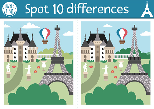 Find differences game for children. Educational activity with cute scene in park, castle, Eiffel Tower. Puzzle for kids with funny French scenery. Printable worksheet or page with France symbol