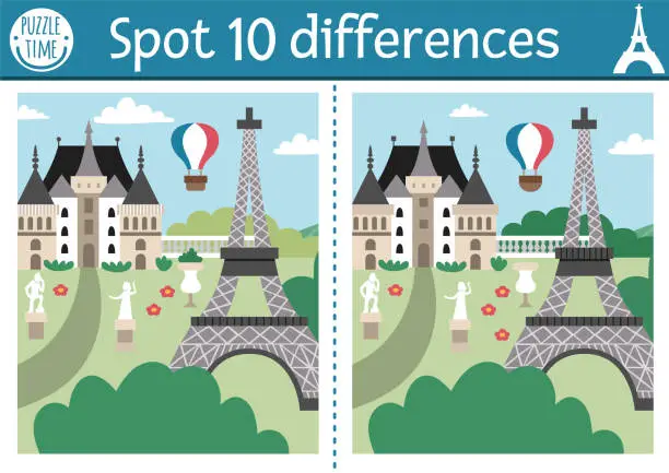 Vector illustration of Find differences game for children. Educational activity with cute scene in park, castle, Eiffel Tower. Puzzle for kids with funny French scenery. Printable worksheet or page with France symbol