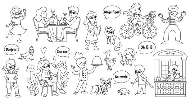 French people and animals vector set. Black and white collection with woman reading book, cook, man with baguette, pair drinking wine, mime, girl riding a bike. Cute France line icons French people and animals vector set. Black and white collection with woman reading book, cook, man with baguette, pair drinking wine, mime, girl riding a bike. Cute France line icons bulldog reading stock illustrations