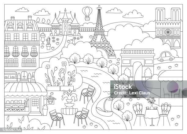Christmas city coloring page. Christmas Fair on Town Square, street markets  and cute animals. Coloring book for children and adults Stock Vector