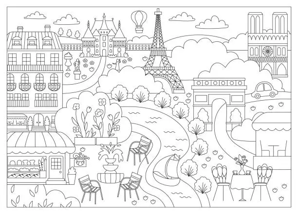 Vector illustration of Vector Paris black and white landscape illustration. French capital city scene with sights, buildings, Eiffel tower, bakery. Cute France line background with river, field, park, castle, palace, chairs