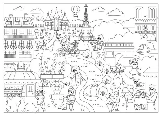 Vector illustration of Vector Paris black and white landscape illustration. French capital city scene with people, animals, sights, buildings, Eiffel tower, bakery. Cute France line background with river, field, park