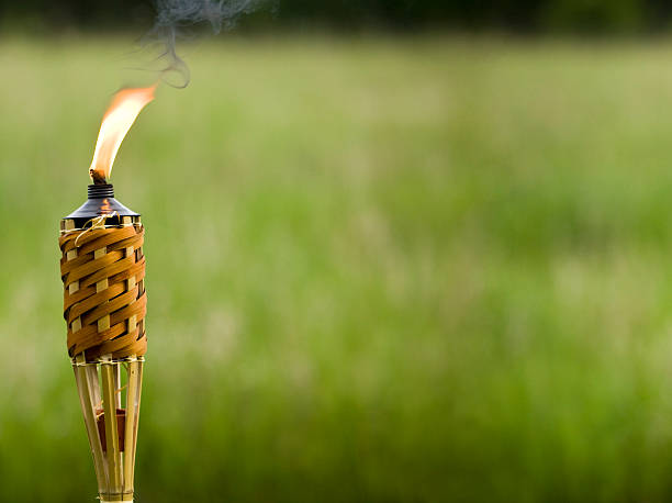 Tiki Torch with Blurred Grass Background Oil pole tiki torch with blurred grass background. tiki torch stock pictures, royalty-free photos & images