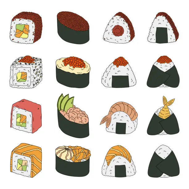 Vector illustration of Hand drawn sushi and onigiri