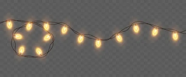 Vector illustration of Light bulbs. Christmas String Lights. Vector clipart isolated on a transparent background.