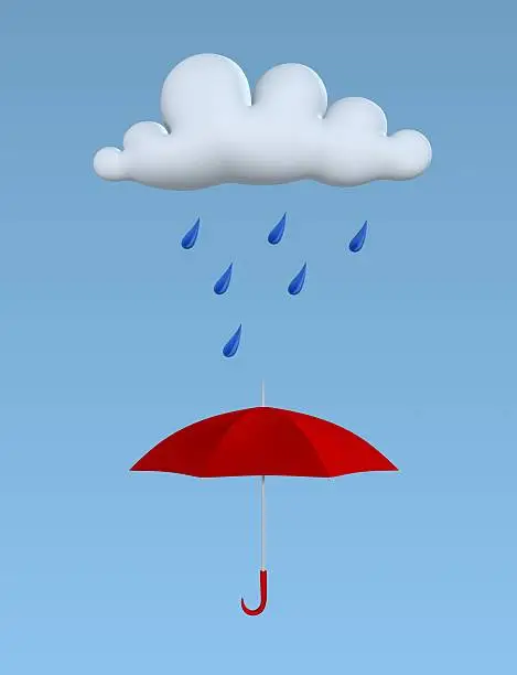 3d render of a raining cloud and red umbrella.