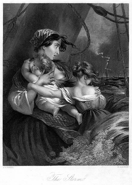 The Storm - Shipwreck 19th century Vintage engraving showing a Victorian  mother and her children on a ship during a storm sinking ship pictures pictures stock illustrations