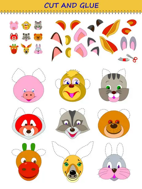 Vector illustration of Educational page for little children. Printable template with exercise for kids. Use a scissors to cut and glue the ears to each animal. Developing skills for cutting and handwork. Flat cartoon.