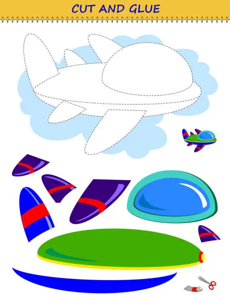 Vector illustration of Educational page for little children. Printable template with exercise for kids. Use a scissors to cut and glue toy airplane. Developing skills for cutting and handwork. Flat cartoon vector.