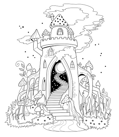 Black and white page for coloring book. Illustration of fairyland kingdom in forest. Printable template for kids. Worksheet for drawing and meditation for children and adults. Cover for fairy tale.