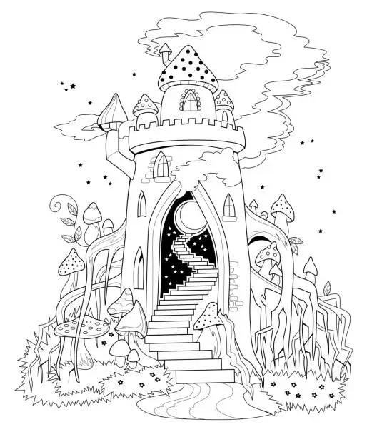 Vector illustration of Black and white page for coloring book. Illustration of fairyland kingdom in forest. Printable template for kids. Worksheet for drawing and meditation for children and adults. Cover for fairy tale.