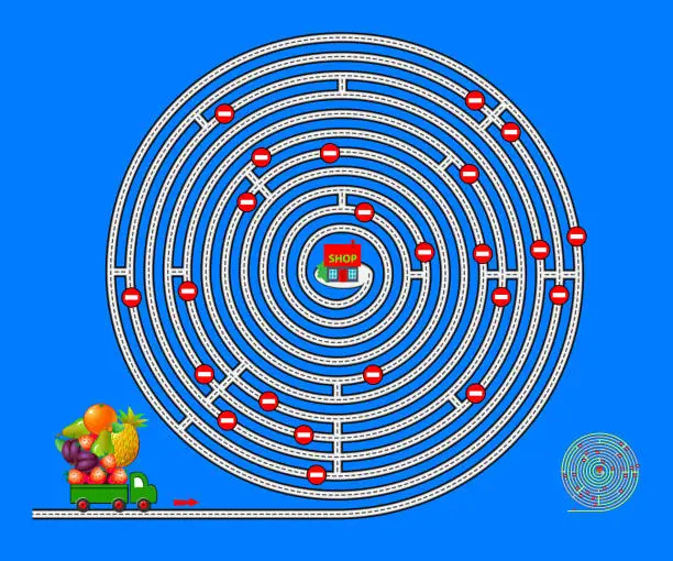 Vector illustration of Logic puzzle game with labyrinth for children and adults. Help the lorry deliver fruits to the shop. Find the way. Worksheet for kids brain teaser book. IQ test. Play online. Vector illustration.