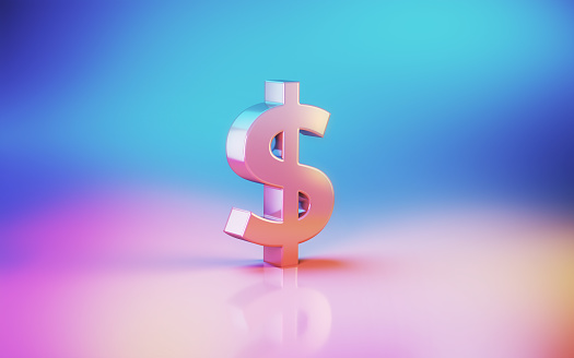 3d render Dollar Sign Sitting on Pink Blue Orange Finance Soft Background (Depth of field)