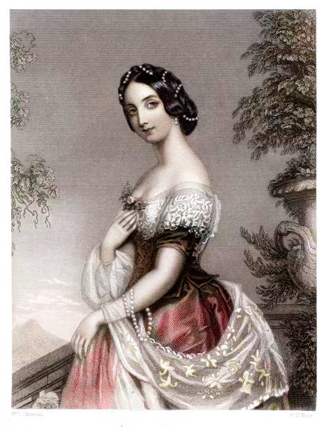 Beautiful Young Woman Vintage colour engraving of a Beautiful Young Woman from the victorian period black hair illustrations stock illustrations
