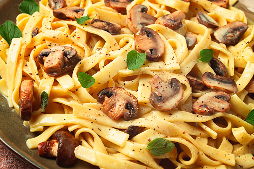 fettuccine with champignons, basil, in cream sauce, homemade, no people,