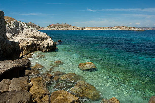 Mediterranean Sea Mediterranean Sea on the island of Chateau D'if near Marseille frioul archipelago stock pictures, royalty-free photos & images