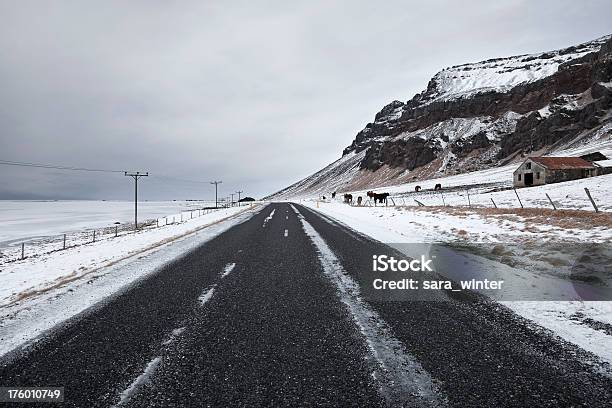 Road Auf Und Bedeckter Tag In Island Im Winter Stockfoto und mehr Bilder von Abgeschiedenheit - Abgeschiedenheit, Agrarbetrieb, Anhöhe