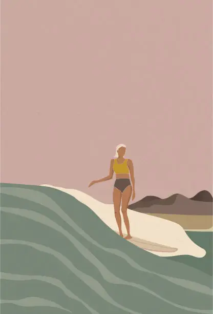 Vector illustration of Surfer girl on a longboard surfboard, retro style vector