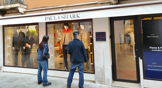 Venice, Italy - October 5, 2023: Paul and Shark store. Founded in 1976 by the Italian Dini family, Paul and Shark is a brand leader of luxury and casual sportswear for men and women