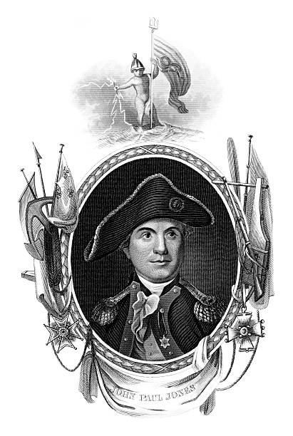 Nautical Portrait of John Paul Jones "This vintage engraving depicts the portrait of John Paul Jones (1747 - 1792), American naval fighter during the American Revolution who uttered the phrase ""I have not yet begun to fight!"" Above the portrait a young Neptune holds a trident with the ""Don't Tread on Me"" flag attached. Engraved by John Chester Buttre (1821 - 1893) after the painting by Charles Willson Peale (1741 - 1827). It was published in an 1877 collection of American portraits and is now in the public domain. Digital restoration by Steven Wynn Photography." john paul jones stock illustrations
