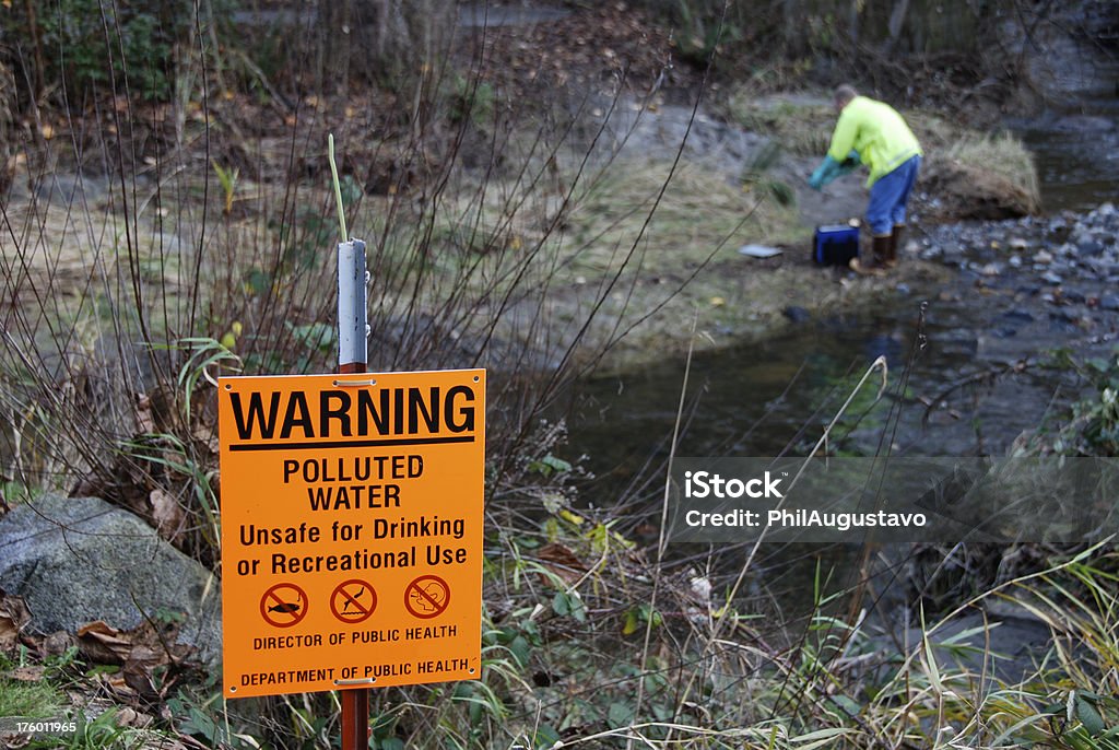 Scientist measuring pollutants in stream Adult Stock Photo