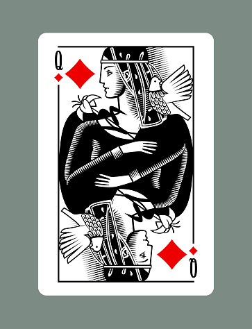 Queen playing card of Diamonds suit in vintage engraving drawing style. Vector illustration