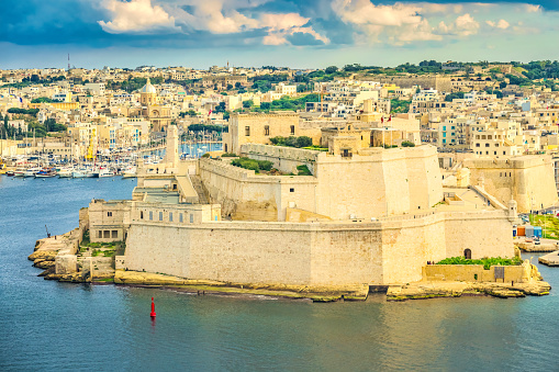 Valletta, Malta, Feb 27, 2020. Beautiful Malta Valletta city skyline in front of sea in a sunny day.