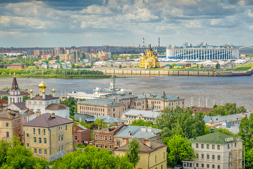 Cityscape of downtown Nizhny Novgorod, Russia and the Oka River on a sunny day.
