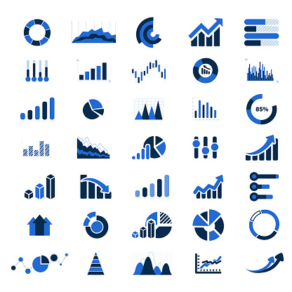 Business infographics icons. Business graphs and charts icons. Statistic and data, charts diagrams, down or up arrow, economy reduction. Financial chart. Vector illustration