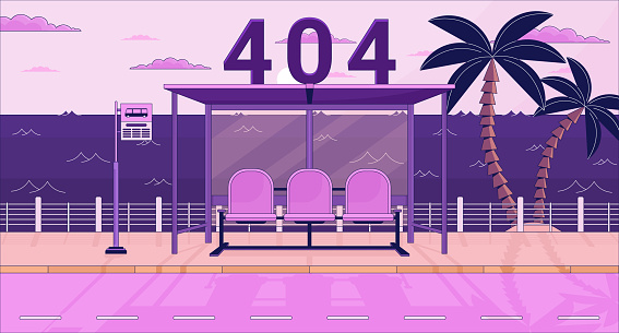 Bus stop bench on twilight waterfront error 404 flash message. Waiting bus. Website landing page ui design. Not found cartoon image, dreamy vibes. Vector flat illustration with 90s retro background