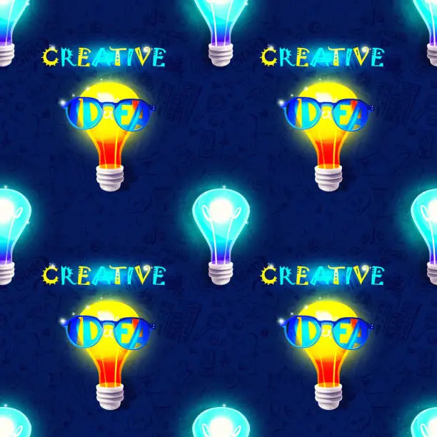Vector illustration of Creativity and ideas concept in cartoon style. Burning anthropomorphic light bulbs in glasses with an idea on a dark background with hand-drawn designs. Stylish creative vector seamless pattern.