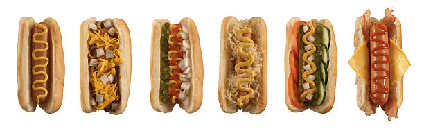 Isolated Hot Dog Collection 6 assorted, gigantic, high-resolution hot dogs precision-isolated on 255 white.   mustard photos stock pictures, royalty-free photos & images