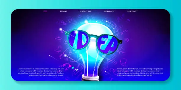 Vector illustration of Creativity and idea concept in flat style. Anthropomorphic burning flying light bulb on an abstract futuristic background with hand drawings. Creative vector web template with space for text.