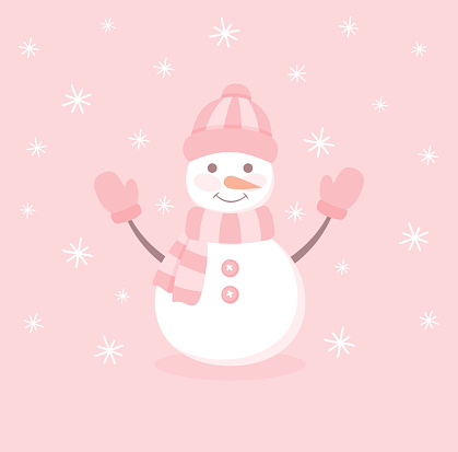 A cute smiling snowman in a hat, scarf and mittens on a pink snowy background. Flat vector illustration