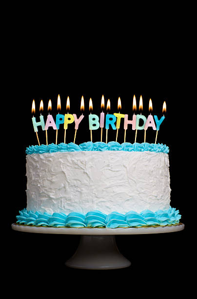 istock Birthday cake with blue icing and happy birthday candles 176016105